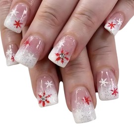 24Pcs Christmas Snowflake Press on Nails Short Square Fake Nails French Tip with Rhinestones Winter Holiday False Nails Full Cover Glue on Nails Winter Stick on Nails Cute Christmas Nails for Women