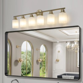 39" Modern 6-Light Vanity Wall Sconce, Golden Finish with Frosted Glass Shades for Bathroom or Hallway Lighting (No Bulbs)Lamp Power(W): 30, Lamp Sizes: Small, Product Size: 98x16x26cm