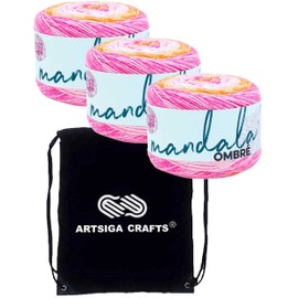 Lion Brand Mandala Ombre Serene 551-207 (3-Skeins - Same Dye Lot) Worsted Medium #4 Acrylic Yarn for Crocheting and Knitting - Bundle with 1 Artsiga Crafts Project Bag