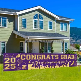 Purple and Gold Graduation Decorations Class of 2025 Banner: Congrats Grad 2025 Yard Banner We Are So Proud of You Backdrop - Large Yard Decorations for Graduate Party Decor Supplies