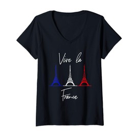 Womens Vive La France Gift Eiffel Tower Men Women Kids Bastille day V-Neck T-Shirt