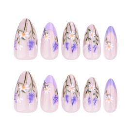Spring Press on Nails Almond Shape Fake Nails French Tip False Nails with Small Flower Designs Artificial Glue on Nails Daisy Floral Medium Acrylic Nails Glossy Purple French Nail Press ons 24pcs