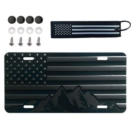 American Black USA Flag Mountains Embossed Off-Road Aluminum Metal 4 Hole Novelty License Plate, 3D Stars and Stripes Patriotic Vanity Gift License Plate Textile US Flag Keychain