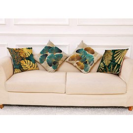 BCKAKQA Throw Pillow Cases Pack of 4 Green and Gold Leaves Cushion Covers 18x18 inch Linen Square Throw Pillow Covers for Living Room Sofa Couch Bed Pillowcases 45cm x 45cm