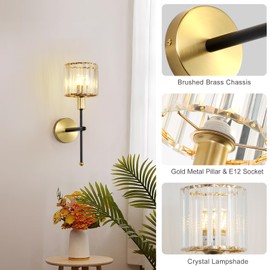 Eustace Vintage Crystal Wall Sconce, Black and Gold Bathroom Vanity Light Fixtures, Hardwired Sconces Wall Decor Set of Two, Indoor Glass Wall Lights for Bedroom, Hallway (2 Packs,E12 Base)