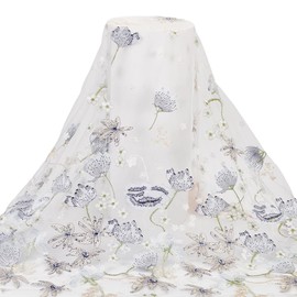 MAYJOYDIY 0.9mx150cm Blue Lotus Embroidery Flower Lace Fabric, 3D Organza Floral Soft Tulle Fabric Wide Vintage Fabric Ribbons for Sewing Wedding Bridal Cloth DIY Crafts Supplies