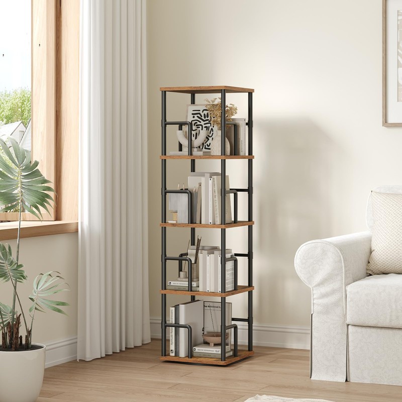 MAHANCRIS 4-Tier Rotating Bookshelf, Freestanding Corner Bookshelf, 360° Spinning Bookcase,