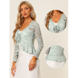 Allegra K Bolero Shrugs for Women, Long Sleeve Floral Shrug, Lace Crop Cardigans Grey L
