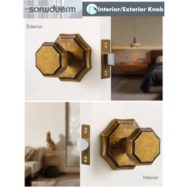 SORWDUERM 2 Pack Antique Brass Passage Door Knobs Aged Brass Octagonal Interior Closet Hallway Interior Vintage Door Knob