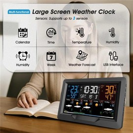 Smart Weather Station Clock, Indoor/Outdoor Wireless Temperature & Humidity Monitor with Digital Atomic Clock, Large Display, Forecast Station with Adjustable Backlight, ℃/℉, Barometer, USB Charger