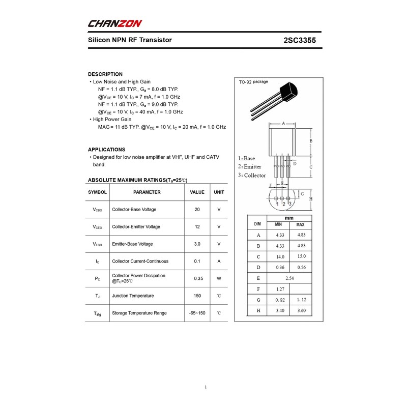 Chanzon 50 pieces 2SC3355 TO-92 NPN transistor 0.1A