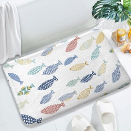 Colorful Fish Bath Mat, Ocean Swiming Fishes Non Slip Absorbent Floor Rugs Quick Dry Soft Velvet Rugs Carpets, for Bathtub Bathroom Bedroom Kitchen, 17x29 Inch