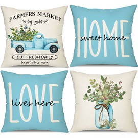 DFXSZ Spring Summer Pillow Covers 20x20 Set of 4 Sky Blue Outdoor Farmhouse Decor Eucalyptus Leaves Decorations Truck Vase Home Sweet Home Linen Cushion Case Gifts for Home Decor