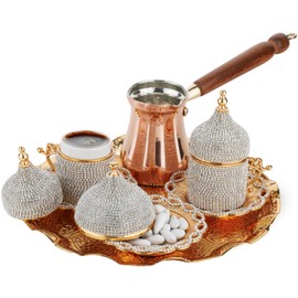 DEMMEX Turkish Greek Arabic Coffee Making and Serving Full Set with Cups Saucers Lids Sugar Bowl Tray and Copper Coffee Pot, Hand Decorated with Gold Crystals, 12 Pcs (Crystals)