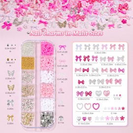2 Boxes 3D Nail Charms Set,Nail Bows Charms and Small Flowers,3D Bow Charms for Nails with Caviar Beads,Flatback Crystals,Pearls,Y2K Alloy Butterfly Bow and Tweezers for Nail DIY (2BOX-Mixed3)