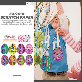 Healifty Easter Scraper Set with 8 Easter Eggs Creative Craft Set for Children 6 Years and Adults Including Wooden Sticks Ribbons and Rhinestone Stickers Ideal for Easter Crafts and Family Crafts