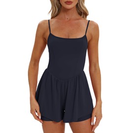 Beaully Women's Summer Sleeveless Rompers Spaghetti Strap Double Lined Shorts Jumpsuit One Piece Outfits 6110 Dark Blue M