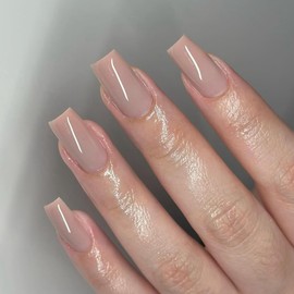 KQueenest Acrylic Press on Nails Long Square, Khaki Grey False Nails Long Medium Coffin, Glossy Natural Solid Color Fake Nails Set, Reusable Gel Stick on Nail for Women Finger Daily Wear 24 Pcs