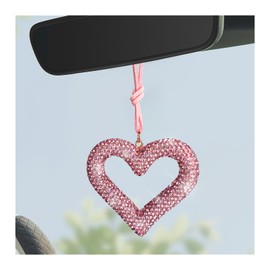 FSTURIOS Bling Heart Car Hanging Accessories, Crystal Diamond Heart Pendant Rear View Mirror Charm, Cute Rhinestone Heart Decor Auto Interior Hanger Lucky Ornament for Women Men (Pink)