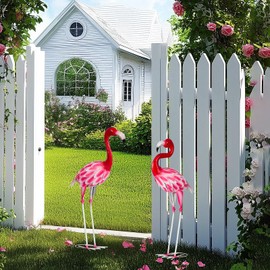 SUNREEK Set of 2 Pink Flamingo Outdoor Statues, Metal Yard Flamingo for Garden Patio Lawn Backyard Decorations