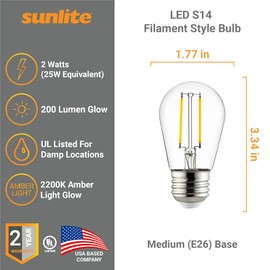 Sunlite 40423-SU LED S14 Filament Style String Light Bulb, UL Listed, 2 Watts (25W Equivalent), 200 Lumens, Medium Base (E26), Dimmable, Clear Glass, 2200K Amber, 12 Count