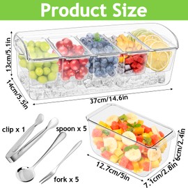 Bgtecho Condiment Tray, Large Ice Chilled Condiment Server Caddy with Lid, 5 Removable Compartment, Clear Garnish Serving Platter with Stainless Steel 5 Spoons 5 Forks 1 Clip for Bar Fruit Salad Food