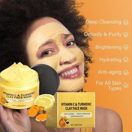 Turmeric Vitamin C Clay Mask, Clay Face Mask Kit, Skin Care Facial Mask for Deep Cleansing, Improve Blackheads, Oil and Refining Pores, Even out Skin Tone