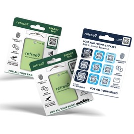 2 x retreev™ Smart Luggage Tags and 9 x Smart Stickers: Secure Retrieval, Identity Protection | Easy Setup | Supported by Airlines & Airports Worldwide - 2 x Tags and Stickers Combo Pack - Green