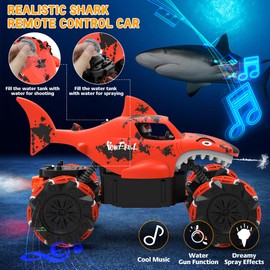 Eulogia RC Shark Stunt Car, Remote Control Animal Stunt Car Toy with Water Shooting Spray, Music, 360-degree Rotations Drifting, One-Key Demo Programming Fun Truck Gift for Boys Grils (Red)