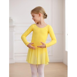 MdnMd Toddler Girls Long Sleeve Ballet Leotards Dresses Dance Skirt Ballerina Tutu Outfits, T33-yellow(long Sleeve), 8-10 Years
