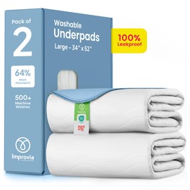 IMPROVIA® Washable Underpads, Heavy Absorbency Reusable Incontinence Pads for Kids, Adults, Elderly, and Pets - Waterproof Protection for Bed, Sofa, Furniture, Floor White & Blue (2 Pack - 34x52)