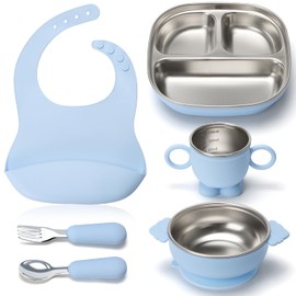 RUseeN Vajillas de Platos de Acero Inoxidable para Bebé 6PCS | Set de Platos para Bebe con Tazones Ventosas, Copa de Silicona Desmontable, Baberos y C