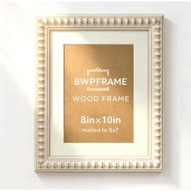 BWPFRAME 8x10 Picture Frame Matted to 5x7, Modern Style, Solid Wood, White Frame with Beaded Edge,Hand Carved, Plexiglass and Backer Included, Wall Display Frame for Photos and Prints