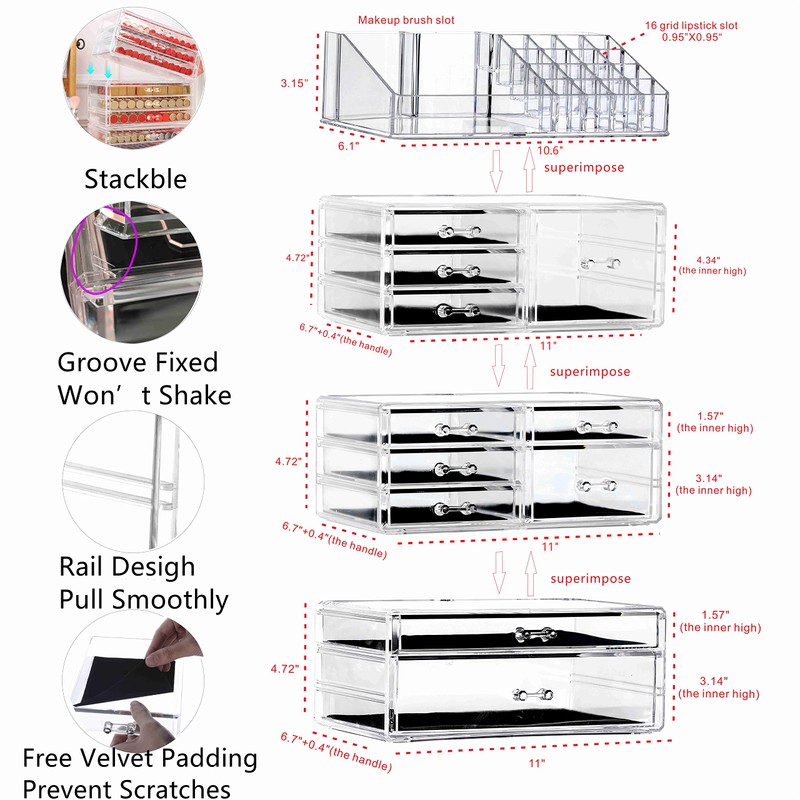 Cq acrylic Clear Makeup Storage Organizer Drawers Skin Care Large