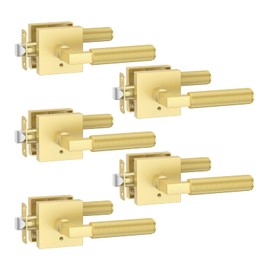 Amerdeco 5 Pack Privacy Door Handles - Brushed Gold Interior Lever, Heavy Duty for Bedroom and Bathroom, Knurled, Reversible Keyless for Right & Left Side AM0021