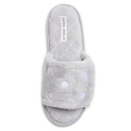 Laura Ashley Open Toe Velcro Band Fluffy Scuff Slippers for Women with Non-Slip Sole, Plush Memory Foam Slippers, Cool Grey