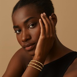 HANRESHE Gold Beaded Bracelets for Women Non Tarnish Gold Plated Stackable Beaded Strand Bead Ball Bracelet Stack Stretch Waterproof Adjustable Jewelry Set for Gifts