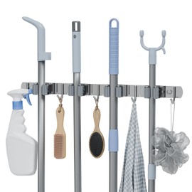 Qianruida Wall Mounted Broom and Mop Organizer, Heavy Duty Stainless Steel Storage Rack for Brooms, Mops, Tools Space Saving Home Garage Organization (4 Racks with 5 Hooks)