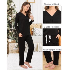 difficort Women's Pajama Sets Long Sleeve Lounge Sets Pjs Sleepwear with Pockets,Black,Medium