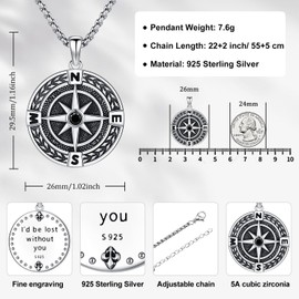 Aniu Compass Necklace for Men Women S925 Sterling Silver Compass Jewelry I'd be Lost with You Graduation Birthday Christmas Jewelry Gift