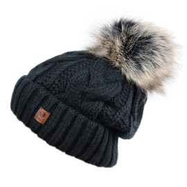 Ever Bloom Women's Knitted Cable Knit Beanie Hat with Faux Fur Bobble Removable, Made in the EU, Warm Winter Hat with Fleece Lining High Quality, black