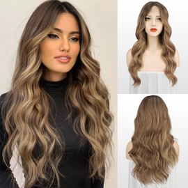 FESHFEN Long Wavy Balayage Brown Wigs, Lace Front Wig Centre Parting Women Synthetic Hair Waves Long Wig Natural Hair Wavy Brown Wigs for Women 65 cm