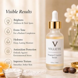 VILLETE Vitamin C Lumière Serum with Hyaluronic Acid | 1 fl oz | 8 Premium Ingredients, Stable Vitamin C Complex, Triple Antioxidant Support, Multi-La