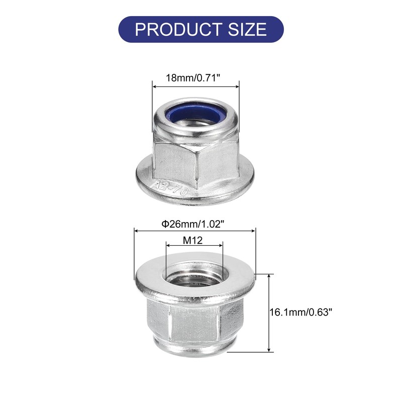 sourcing map M12x1.75mm Flange Nylon Insert Lock Nuts, 5Pcs 304