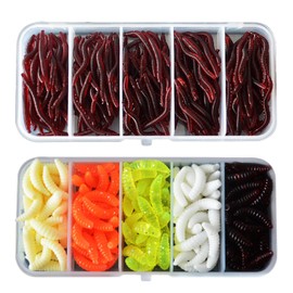350 Pieces Artificial Bait Worms Fish, Cosswe Worm Fishing Lures Artificial Bait Worms Fish, Soft Plastic Worms, Fishing Bait Box Set 150 Mealworms + 200 Small Earthworms