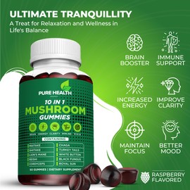 11-in-ONE Mushroom Complex Gummies - 10x Mushroom Supplement W Lions Mane - Nootropic Brain Supplement, Immune Support, All Natural 60 Count Gummies.
