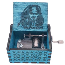 Jack Sparrow Music Box Hand Crank Musical Box Carved Wooden,Play Davy Jone's Theme,Blue