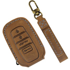 LOCOY Key Fob Cover Fit for Toyota Tundra Accessories 2022 2023 Key Fob Case, Key Protector Cover, Key Shells, Keychains, Leather Key Case 4 Button (Brown Leather Gray Stitches, 1Pcs)