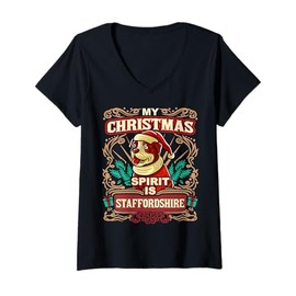 Womens Staffordshire My Christmas Spirit Dog Santa Claus Elf V-Neck T-Shirt