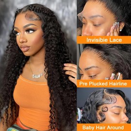 Hrnytdek 28 Inch Lace Front Wigs Black Human Hair Wave Curly Glueless 13x4 HD 180% Density Pre Plucked Natural Wigs for Women Girls